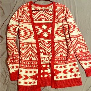 Red and white long sleeve cardigan